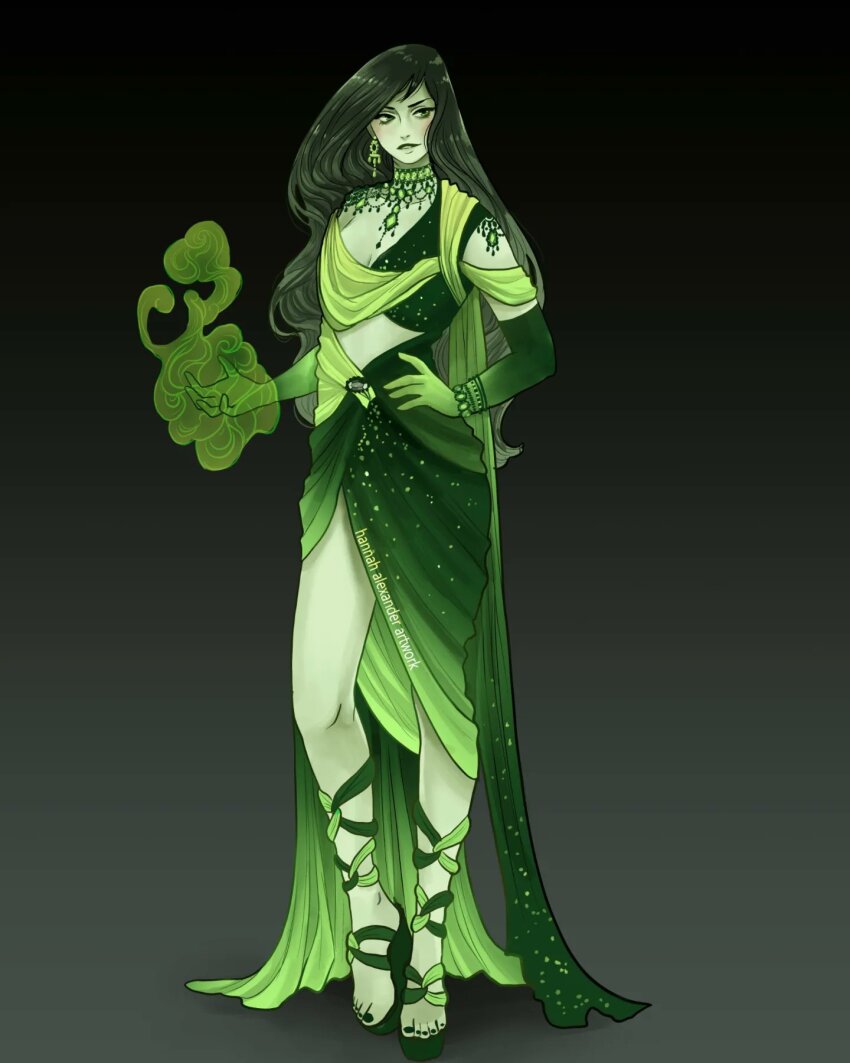 1girl alternate_costume black_hair black_lips bracelet breasts choker cleavage colored_skin earrings fire gradient_background green_eyes green_fire green_skin hannahartwork highres jewelry kim_possible_(series) long_hair midriff_peek necklace shego side_slit solo