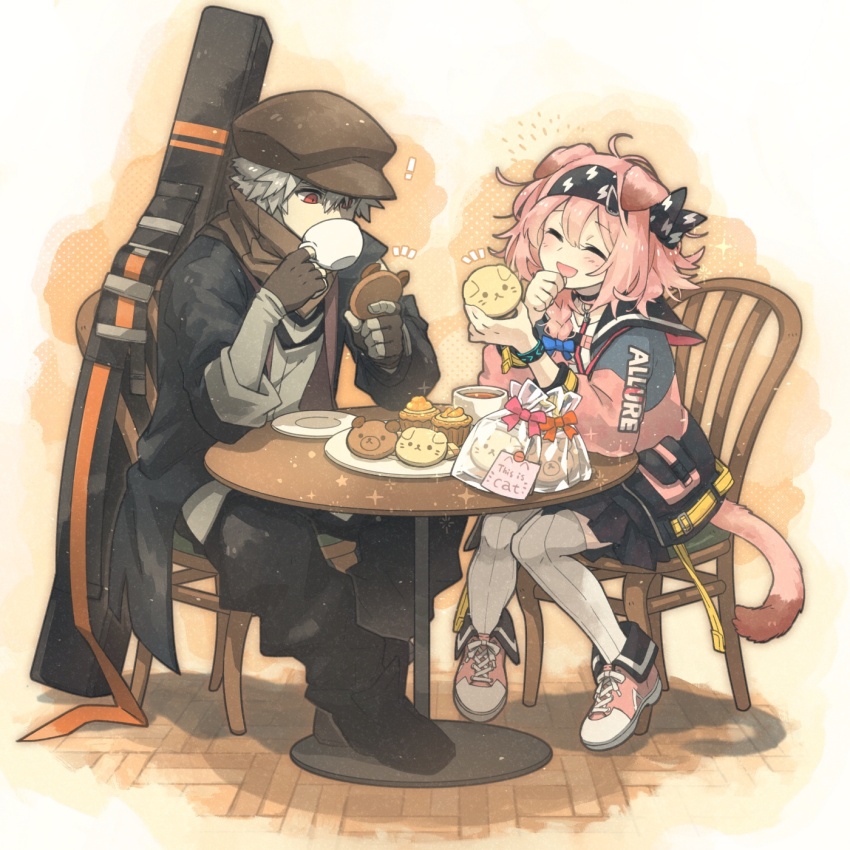! 1boy 1girl :d ^_^ arknights black_choker black_footwear black_jacket black_pants black_skirt boots braid brown_gloves brown_headwear brown_scarf cat_girl cat_tail chair choker closed_eyes commentary_request cookie cup cupcake drinking fingerless_gloves food full_body gloves goldenglow_(arknights) grey_hair grey_jacket hairband hands_up highres holding holding_cookie holding_cup holding_food infection_monitor_(arknights) jacket lightning_bolt_print long_sleeves medium_hair morini_ochiteru multicolored_jacket note notice_lines open_mouth pants pink_jacket pink_shoes plate print_hairband red_(npc)_(arknights) red_eyes sauce scarf sheath shirt shoes short_hair single_braid sitting skirt smile sneakers table tail tea tea_party thighhighs white_shirt white_thighhighs