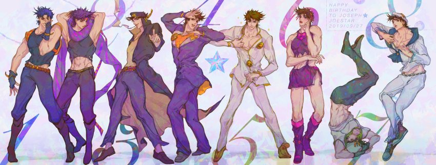 6+boys abs battle_tendency blue_hair brown_hair cosplay crop_top crossdressing diamond_wa_kudakenai dixie_cup_hat gakuran giorno_giovanna giorno_giovanna&#039;s_pose_(jojo) giorno_giovanna_(cosplay) hat higashikata_josuke higashikata_josuke_(cosplay) higashikata_josuke_(jojolion) higashikata_josuke_(jojolion)_(cosplay) highres johnny_joestar johnny_joestar_(cosplay) jojo_no_kimyou_na_bouken jojo_pose jojolion jonathan_joestar jonathan_joestar&#039;s_pose_(jojo) jonathan_joestar_(cosplay) joseph_joestar joseph_joestar_(young) kujo_jolyne_(cosplay) kujo_jotaro&#039;s_pose_(jojo) kujo_jotaro_(cosplay) kuujou_jolyne kuujou_joutarou long_coat midriff midriff_peek military_hat miniskirt mitus multiple_boys multiple_persona phantom_blood purple_hair purple_scarf sailor scarf school_uniform skirt star_(symbol) stardust_crusaders steel_ball_run stone_ocean upside-down vento_aureo