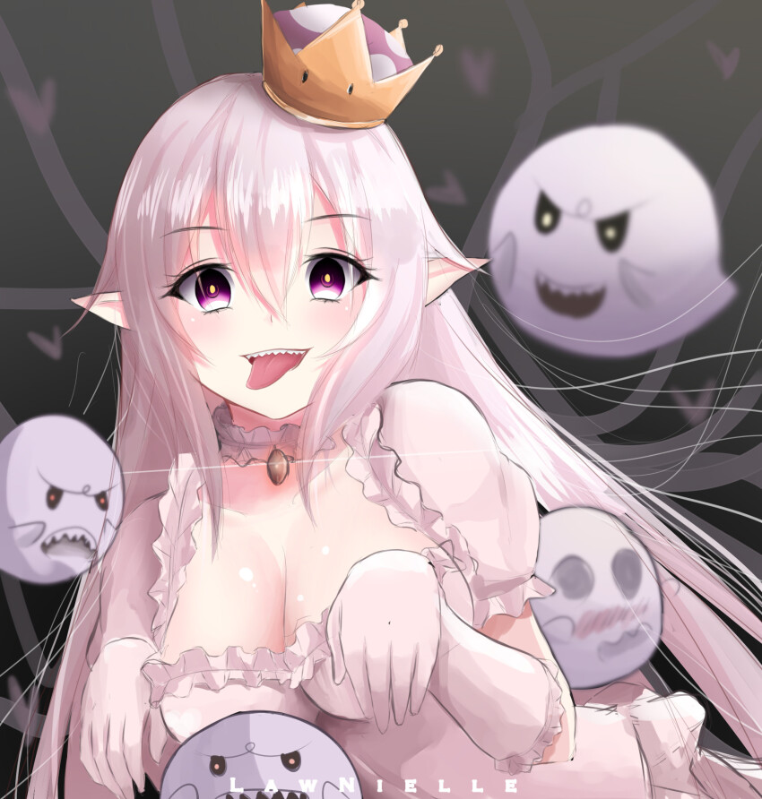 1girl blush boo_(mario) breasts cleavage collar crown dress frilled_collar frilled_dress frilled_gloves frills gloves highres jewelry large_breasts lawnielle long_hair looking_at_viewer luigi&#039;s_mansion mario_(series) new_super_mario_bros._u_deluxe nintendo open_mouth princess_king_boo sharp_teeth super_crown teeth tongue tongue_out white_dress white_gloves white_hair