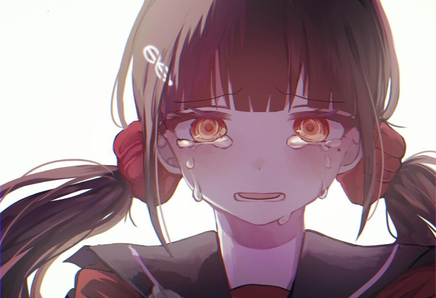 1girl black_sailor_collar blunt_bangs blush brown_eyes commentary_request crying danganronpa_(series) danganronpa_v3:_killing_harmony hair_ornament hair_scrunchie hairclip harukawa_maki highres looking_at_viewer lower_teeth_only mole mole_under_eye portrait red_scrunchie red_shirt ringo_ame_no_ria sailor_collar scrunchie shirt simple_background solo tears teeth twintails white_background