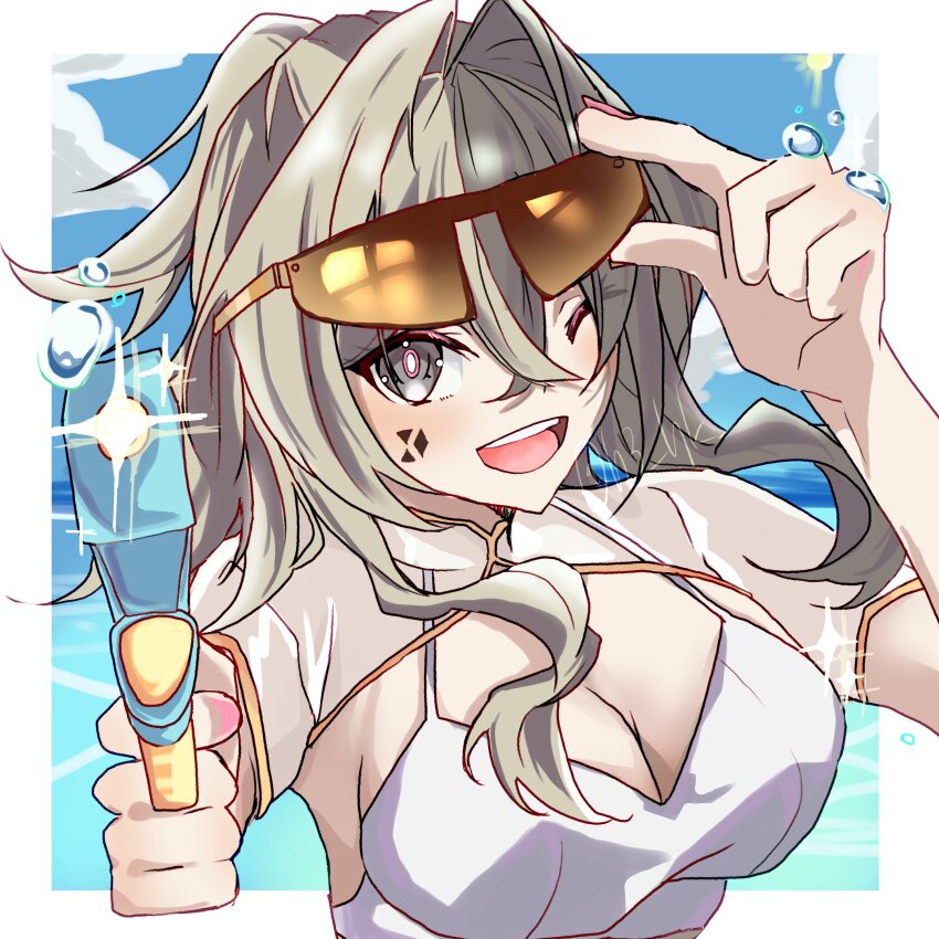 1girl ;o absurdres adjusting_eyewear bikini blue_sky border breasts brown_hair cleavage commentary_request h3_hk hair_intakes highres holding holding_water_gun honkai_(series) honkai_impact_3rd large_breasts looking_at_viewer medium_hair ocean official_alternate_costume one_eye_closed open_mouth sky solo sunglasses swimsuit teeth textless_version upper_body upper_teeth_only vill-v water_gun white_bikini white_border