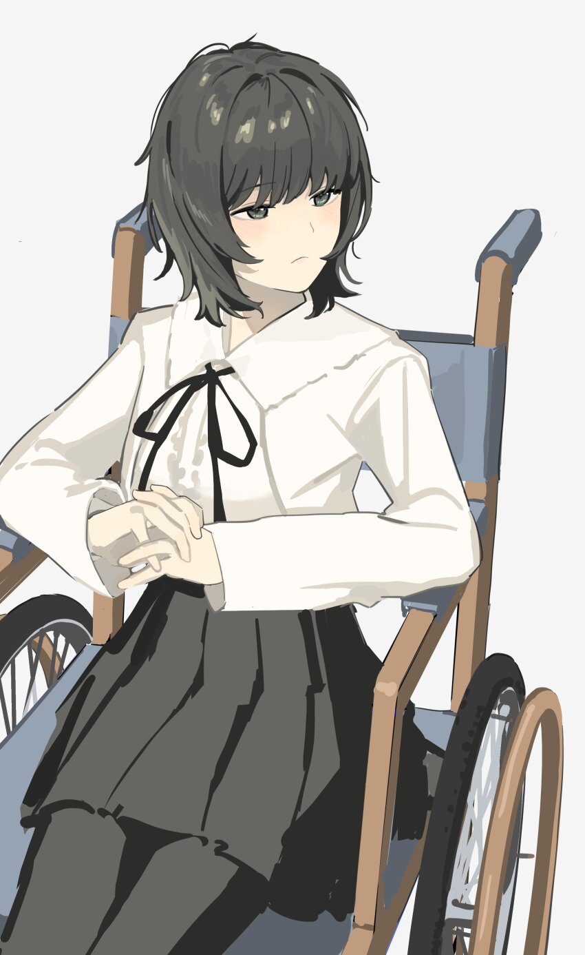 1girl absurdres black_eyes black_hair black_pantyhose black_ribbon black_skirt flowers_(innocent_grey) frown highres jacket looking_to_the_side messy_hair open_clothes open_jacket own_hands_clasped own_hands_together pantyhose pleated_skirt ribbon school_uniform shirt shishima_eichi short_hair sitting skirt solo wheelchair white_jacket white_shirt yaegaki_erika