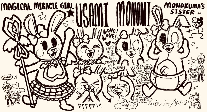 ... ._. ahoge arm_up beanie bow character_name closed_mouth danganronpa_(series) danganronpa_2:_goodbye_despair dated diaper doodle_inset english_text eyelashes full_body greyscale grin hands_on_own_face hat heart heterochromia highres hinata_hajime holding holding_staff josh-s26 monochrome monokuma monomi_(danganronpa) multiple_boys multiple_girls multiple_views nanami_chiaki navel open_mouth owari_akane pants pointing pointy_nose profanity puff_of_air rabbit_girl saionji_hiyoko sharp_teeth shirt signature simple_background skirt smile soda_kazuichi speech_bubble spiked_hair spoken_ellipsis staff standing stick_figure tearing_up teeth usami_(danganronpa) v-shaped_eyebrows white_background