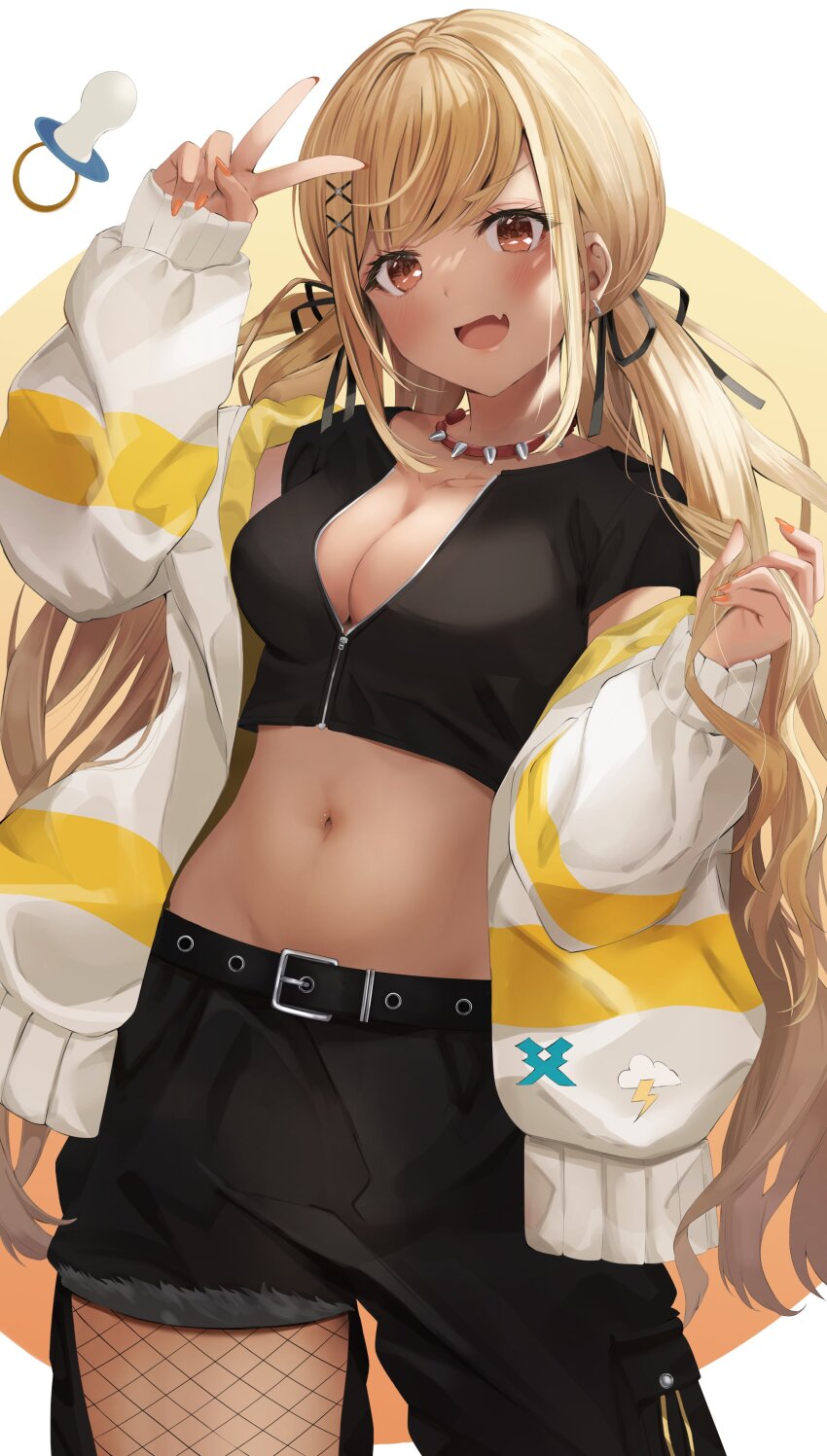 1girl absurdres blonde_hair breasts cleavage collar dark-skinned_female dark_skin fang fishnets hair_ornament hair_ribbon highres jacket kaminari_qpi kaminari_qpi_(2nd_costume) large_breasts long_hair low_twintails midriff navel off_shoulder open_clothes open_jacket open_mouth pacifier pants partially_unzipped ribbon short_sleeves skin_fang solo spiked_collar spikes swept_bangs toratora_(nanahaba) twintails v very_long_hair virtual_youtuber vspo! x_hair_ornament