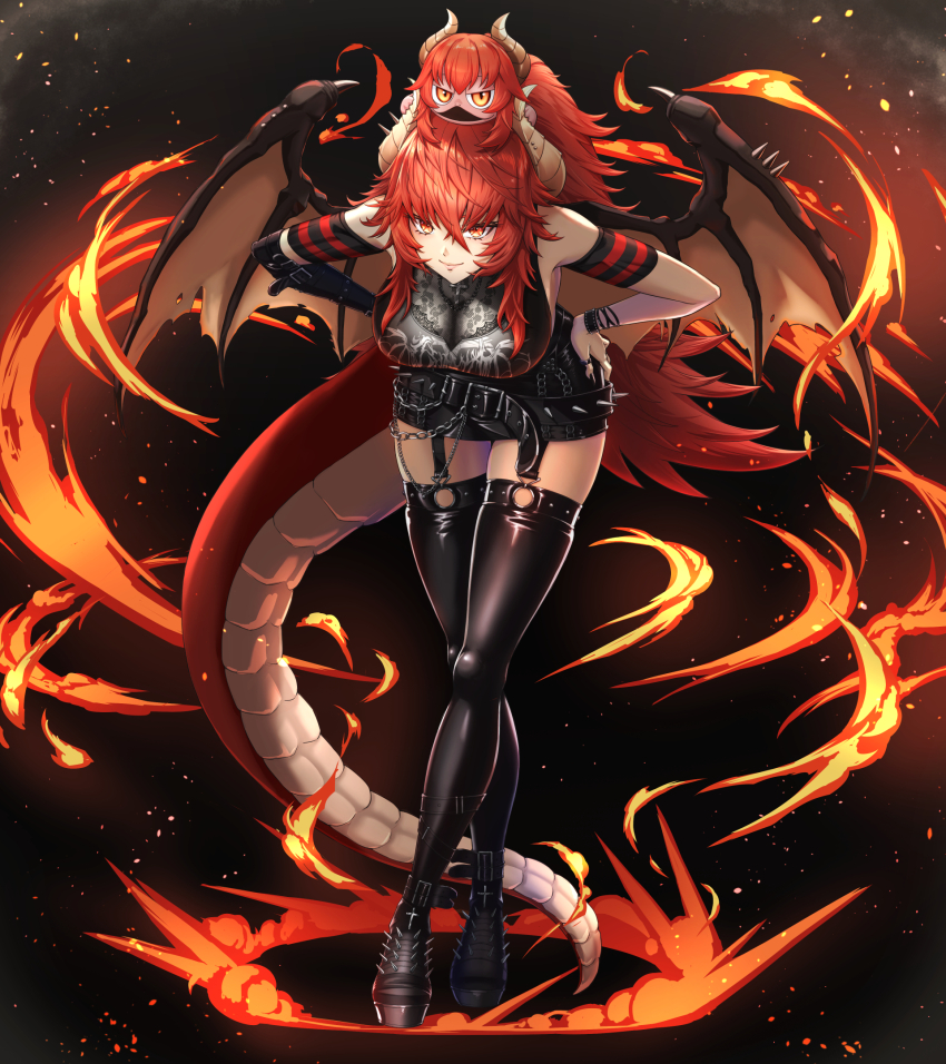 1girl belt bent_over black_belt black_footwear black_gloves black_nails black_shirt black_shorts black_thighhighs boots breasts chibi chibi_on_head chiga_akira cleavage cross cross_necklace dragon_girl dragon_horns dragon_tail dragon_wings elbow_gloves fire gecko_zen gloves hand_on_own_hip highres horns jewelry large_breasts long_hair looking_at_viewer nail_polish necklace on_head shirt shorts single_glove smile spiked_belt tail thighhighs virtual_youtuber vshojo wings yellow_eyes zentreya zentreya_(dragon) zentreya_(dragon)_(metalheads)