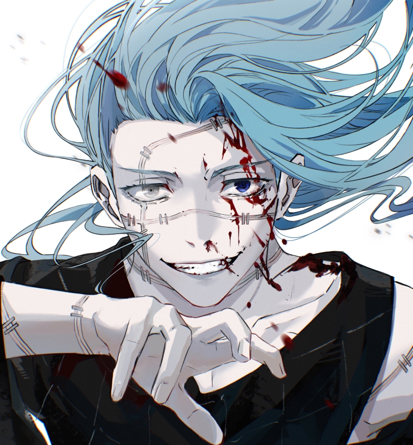 1boy absurdres black_shirt blood blood_on_face blood_on_neck blood_splatter blue_eyes blue_hair chinese_commentary collarbone colored_skin floating_hair grey_eyes grin hand_up heterochromia highres injury jujutsu_kaisen long_hair looking_at_viewer mahito_(jujutsu_kaisen) male_focus nidexintu nosebleed off_shoulder pale_skin patchwork_skin portrait shirt simple_background single_bare_shoulder smile solo stitches teeth upper_body white_background