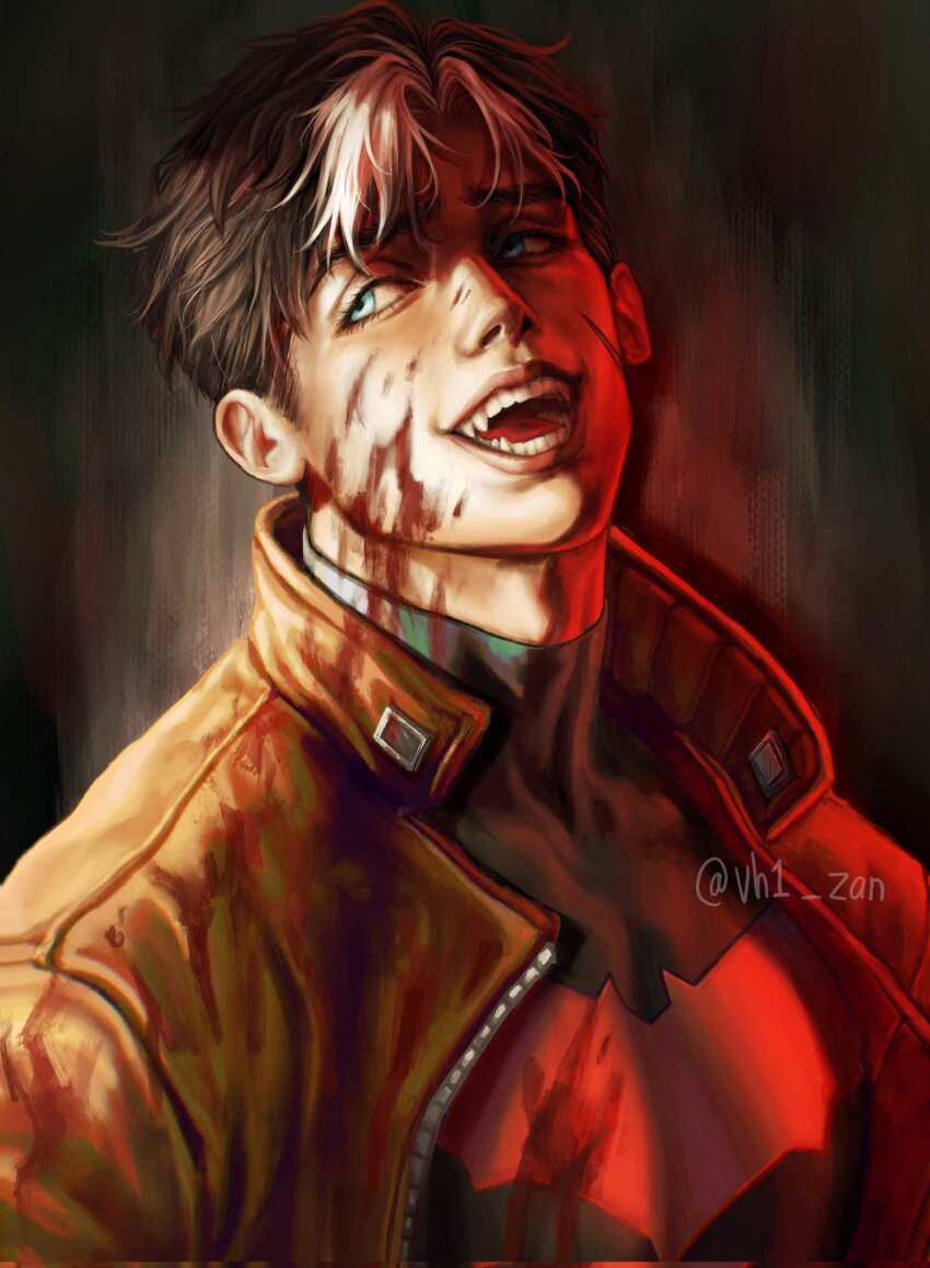 1boy bat_signal batman_(series) batman_symbol black_bodysuit black_hair blood blood_on_clothes blood_on_face blue_eyes bodysuit brown_jacket dc_comics fangs grey_bodysuit highres jacket jason_todd male_focus multicolored_bodysuit multicolored_hair muscular muscular_male open_clothes red_hood_(dc) red_hood_and_the_outlaws shirt short_hair superhero_costume two-tone_bodysuit two-tone_hair vh1_zan western_comics_(style) white_hair
