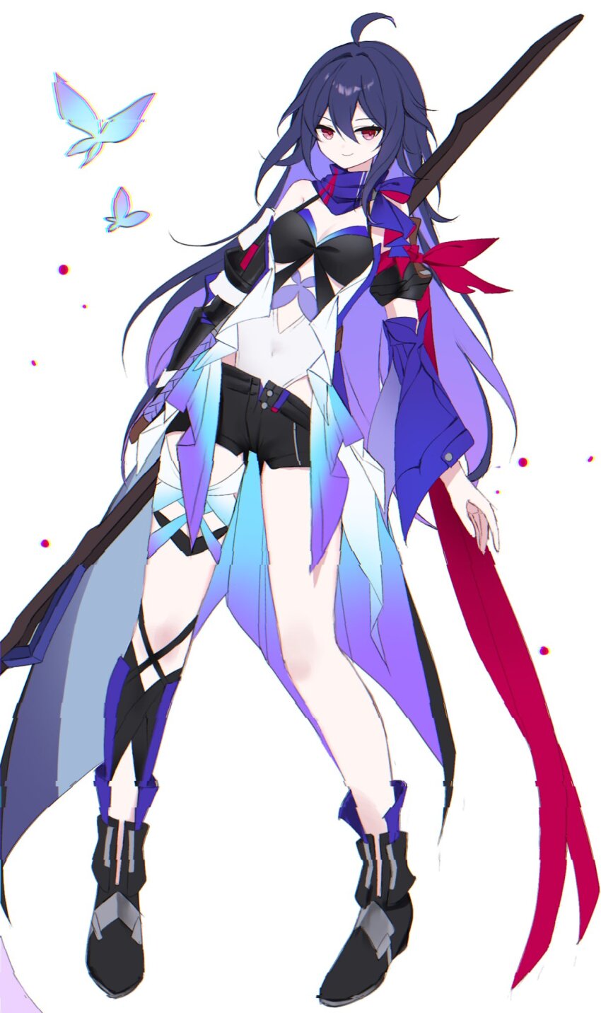 1girl ahoge asymmetrical_clothes boots breasts cleavage eyeshadow holding holding_weapon honkai:_star_rail honkai_(series) long_hair medium_breasts nirako_mona parted_bangs purple_hair purple_scarf red_eyeshadow red_scarf scarf scythe seele_(honkai:_star_rail) short_shorts shorts weapon white_background