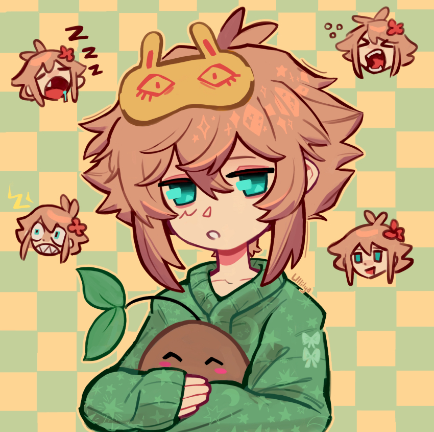 1boy alternate_costume antenna_hair artist_name basil_(faraway)_(omori) basil_(omori) blonde_hair blue_eyes checkered_background chibi collarbone double-parted_bangs drooling fang flower hair_flower hair_ornament highres long_sleeves looking_at_viewer male_focus mask mask_on_head omori open_mouth parted_lips saliva sharp_teeth sleep_mask solo sprout_mole squeans teeth ullilya1 upper_body zzz