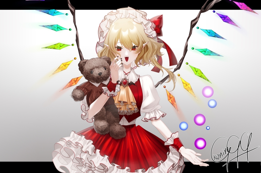 1girl absurdres ascot blonde_hair cowboy_shot crystal_wings detached_wings fang flandre_scarlet frills hair_ribbon hat highres koniro999 letterboxed looking_at_viewer mob_cap multicolored_wings open_mouth pointy_ears puffy_short_sleeves puffy_sleeves red_eyes red_ribbon ribbon short_sleeves signature simple_background solo standing stuffed_animal stuffed_toy teddy_bear touhou white_background wings yellow_ascot