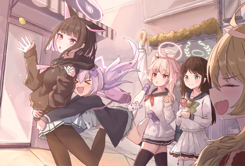 &gt;_&lt; 5girls absurdres ahoge airi_(blue_archive) animal_ears bag black_hair black_hoodie black_jacket black_pantyhose black_thighhighs blonde_hair blue_archive blue_sailor_collar blue_skirt blunt_ends blush cat_ears cat_girl closed_eyes closed_mouth colored_inner_animal_ears colored_inner_hair donut fang food green_eyes green_ribbon green_sailor_collar hair_between_eyes hair_ornament highres holding holding_bag holding_food hood hoodie hug hug_from_behind ice_cream jacket kazusa_(blue_archive) long_hair macaron medium_hair multicolored_hair multiple_girls natsu_(blue_archive) nekoplanetouo one_side_up open_mouth pantyhose pink_bag pink_hair pink_ribbon red_eyes red_ribbon reisa_(blue_archive) ribbon sailor_collar shirt sidelocks skirt star_(symbol) star_hair_ornament thighhighs twintails white_shirt white_skirt white_thighhighs yoshimi_(blue_archive)