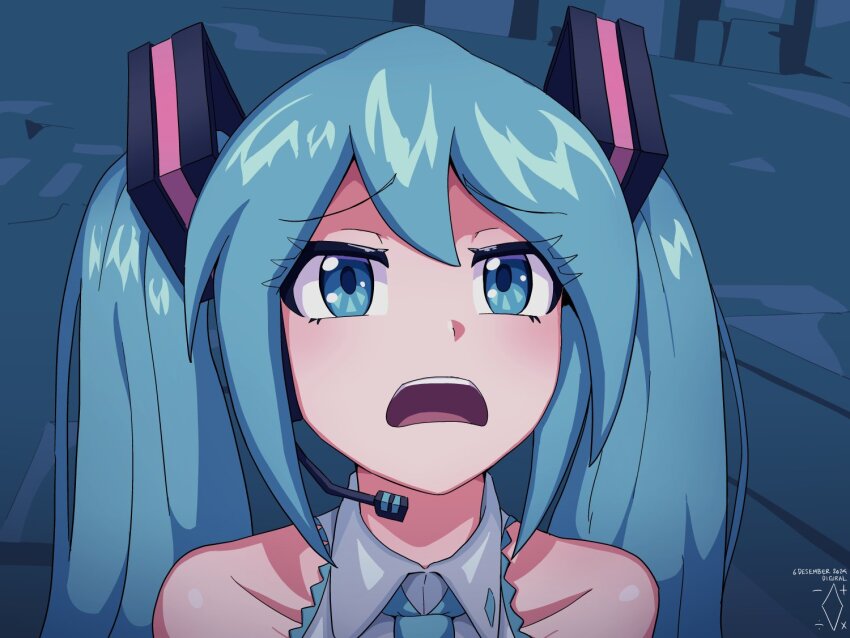 1girl aqua_eyes aqua_hair aqua_necktie artist_logo artist_name at_eternity&#039;s_gate collared_shirt commentary d: dated digiral english_commentary grey_shirt hair_ornament hatsune_miku headset logo long_hair meme microphone necktie open_mouth portrait shirt sleeveless sleeveless_shirt solo teeth twintails upper_teeth_only vocaloid willem_dafoe_looking_up_(meme)