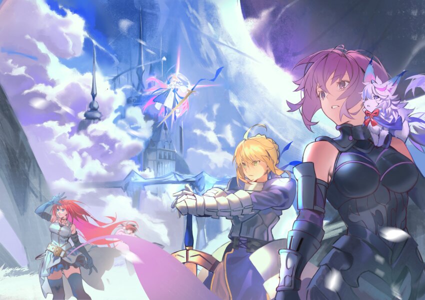5girls absurdres ahoge aozaki_aoko archetype_earth archetype_earth_(third_ascension) arcueid_brunestud armor armored_dress armored_leotard artoria_pendragon_(fate) bare_shoulders belt blonde_hair blue_eyes braid braided_bun breasts brown_hair creature dress elbow_gloves excalibur_(fate/stay_night) fate/grand_order fate/stay_night fate_(series) faulds fou_(fate) gauntlets gloves glowing glowing_hair green_eyes hair_bun hair_ribbon hands_on_hilt highres hiro_(hirohiro_gorira) japanese_clothes kara_no_kyoukai kimono large_breasts leotard long_hair long_skirt long_sleeves mahou_tsukai_no_yoru mash_kyrielight mash_kyrielight_(demi-servant) multiple_girls purple_eyes purple_hair red_hair ribbon ryougi_shiki saber_(fate) short_hair skirt super_aoko sword thighhighs tsukihime tsukihime_(remake) type-moon very_long_hair weapon white_dress