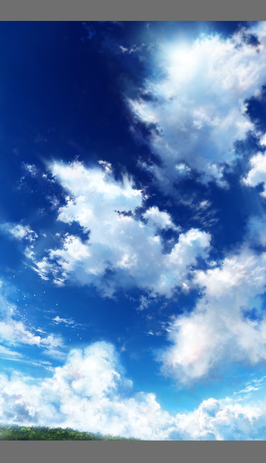 absurdres bird blue_sky cloud cloudy_sky commentary_request day flock grass highres iy_tujiki letterboxed no_humans original outdoors scenery sky sky_focus