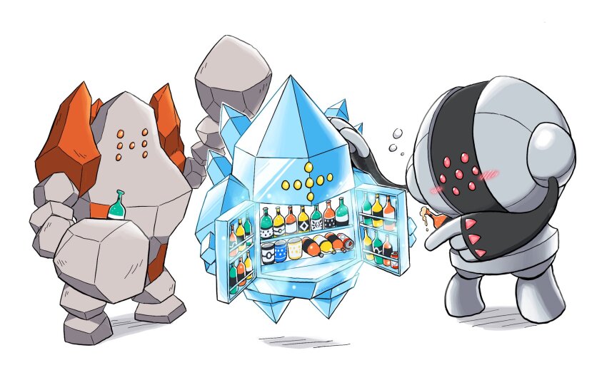 blush bottle commentary drink drunk english_commentary extra_eyes floating game_freak gen_3_pokemon golem highres holding holding_bottle legendary_pokemon lorenzosketches nintendo no_humans pokemon pokemon_(creature) refrigerator regice regirock registeel simple_background standing white_background