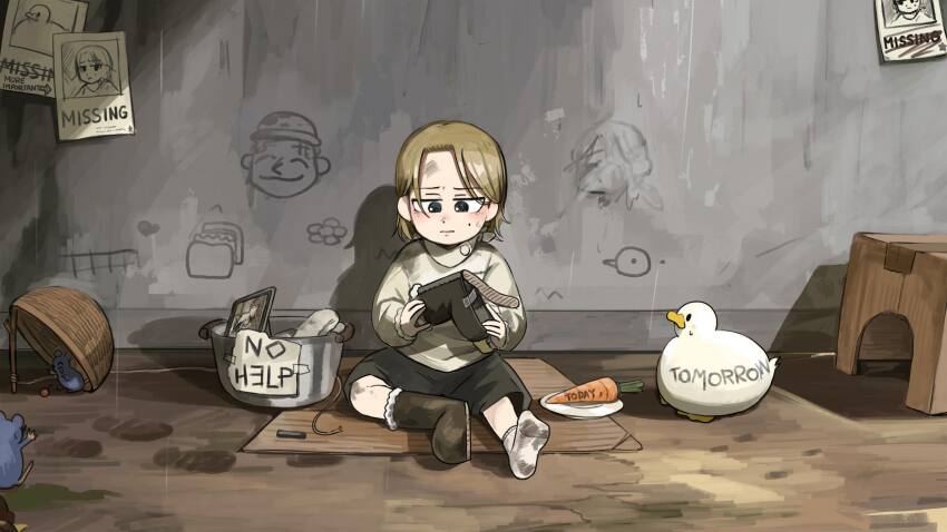 1girl aged_down bird black_boots black_shorts blonde_hair blue_eyes body_writing boots carrot chicken commentary cooking_pot dirty dirty_clothes diva_(hyxpk) duck english_commentary graffiti grey_shirt highres little_nuns_(diva) missing_poster mole mole_on_cheek mouse_(animal) on_floor poster_(object) shirt short_hair shorts single_boot sitting socks strict_nun_(diva) white_socks