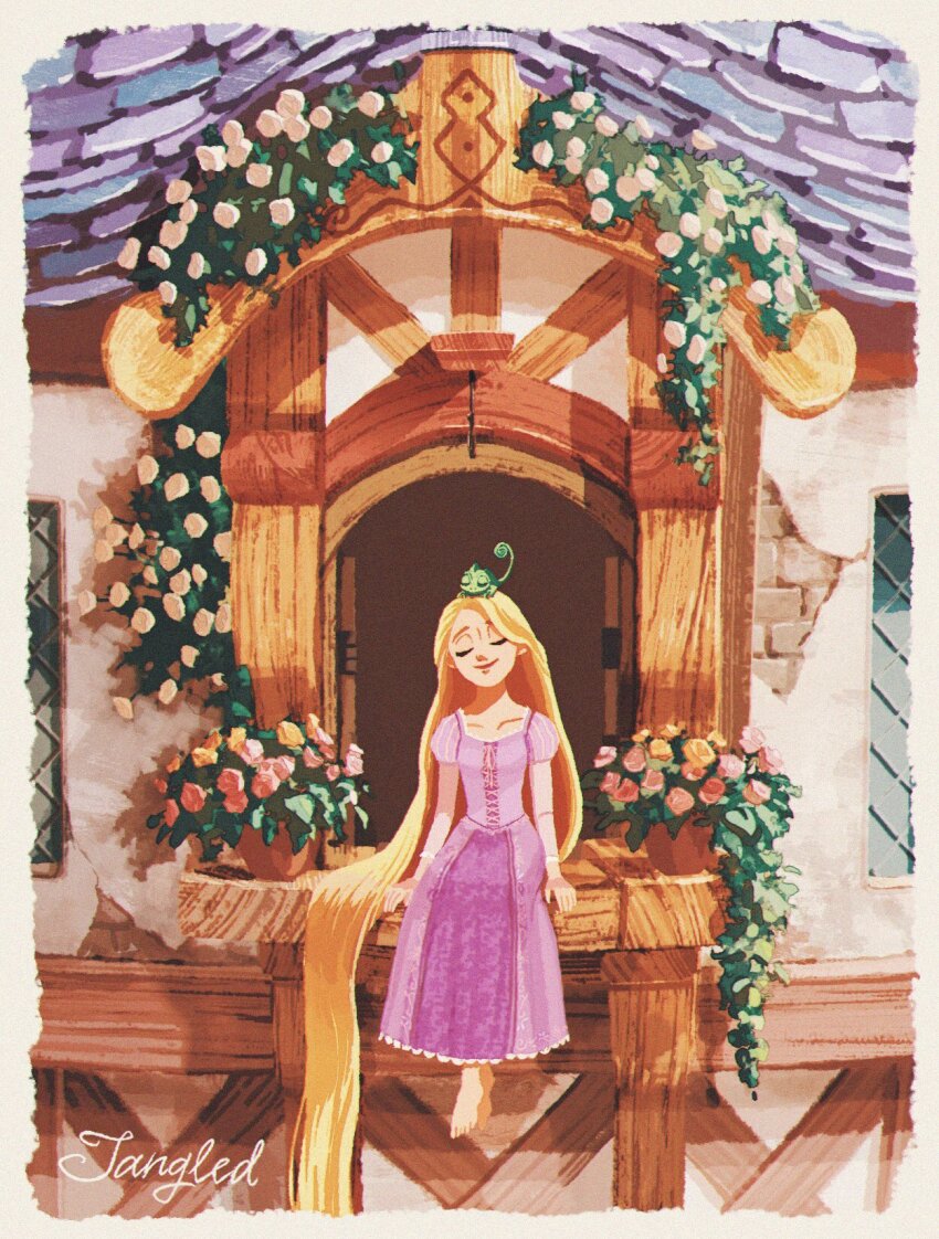 1girl animal animal_on_head barefoot blonde_hair border chameleon closed_eyes copyright_name dress european_architecture european_clothes flower highres kurobe_(kurobe613) long_hair on_head orange_flower pascal_(tangled) pink_flower purple_dress rapunzel_(disney) sitting smile solo_focus tangled very_long_hair white_border white_flower