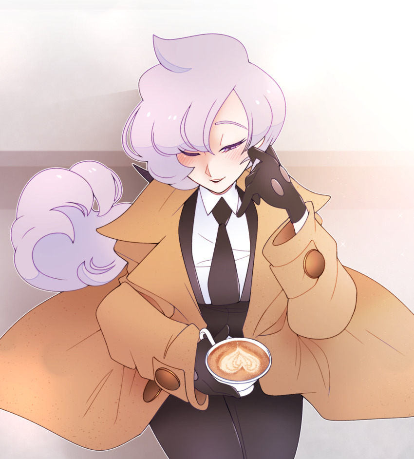 1girl anabel_(pokemon) black_gloves blush coat cup gloves hair_over_one_eye heart highres holding holding_cup necktie nintendo one_eye_closed pokemon pokemon_sm ponytail purple_eyes purple_hair sitting solo trench_coat vergolophus