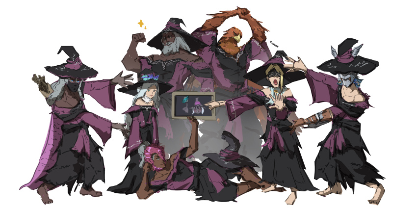 2girls 4boys absurdres bird_boy black_hair blonde_hair blue_eyes brother_and_sister brown_hair cape cosplay dress duchess_(elden_ring) elden_ring elden_ring_nightreign executor_(elden_ring) guardian_(elden_ring) hat helmet highres ironeye_(elden_ring) long_hair multiple_boys multiple_girls raider_(elden_ring) recluse_(elden_ring) revenant_(elden_ring) siblings simple_background smile white_hair winged_helmet wylder_(elden_ring)