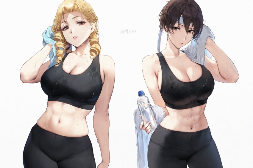 2girls absurdres antenna_hair black_pants black_sports_bra blonde_hair bottle breasts brown_eyes brown_hair capcom cleavage female_focus hair_pulled_back headband high-waist_pants highres holding holding_bottle holding_towel kanzuki_karin kasugano_sakura large_breasts long_hair looking_at_viewer multiple_girls mymzi navel pants parted_lips ringlets short_hair sports_bra street_fighter street_fighter_zero_(series) sweat toned toned_female towel twitter_username water_bottle white_background white_headband wiping_sweat yoga_pants