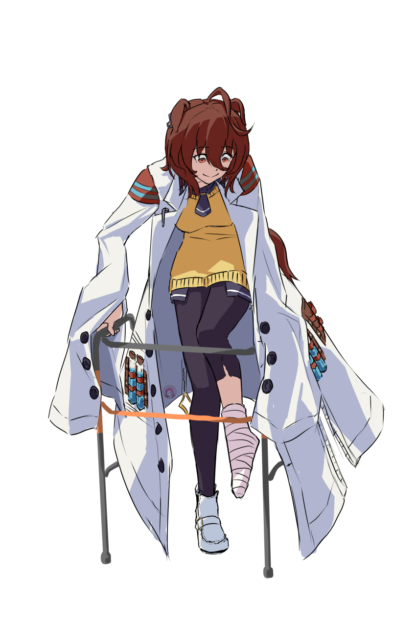 1girl absurdres agnes_tachyon_(umamusume) ahoge animal_ears bandaged_foot bandages black_necktie black_pantyhose black_shirt boots chemical_structure closed_mouth coat collared_shirt crutch earrings ears_down hair_between_eyes hem_peeking_out high_heels highres horse_ears horse_girl horse_tail huge_ahoge injury iqwe jewelry lab_coat necktie open_clothes pantyhose pen red_eyes sad shirt short_necktie simple_background single_earring solo standing standing_on_one_leg tail torn_clothes torn_pantyhose umamusume white_background white_boots white_coat