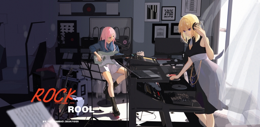 2girls 3d_background absurdres bang_dream! bang_dream!_it&#039;s_mygo!!!!! black_dress blonde_hair blue_jacket chihaya_anon chinese_commentary closed_mouth commentary_request commission computer computer_keyboard curtains dated dress electric_guitar grey_eyes guitar headphones highres instrument jacket laptop light_particles long_hair medium_hair misumi_uika monitor multiple_girls music_stand phonograph pink_hair playing_guitar playing_instrument purple_eyes second-party_source sheet_music shroomsworth_(pmd-explorers) sitting skirt sleeveless sleeveless_dress speaker stairs studio white_skirt window yuebanmao