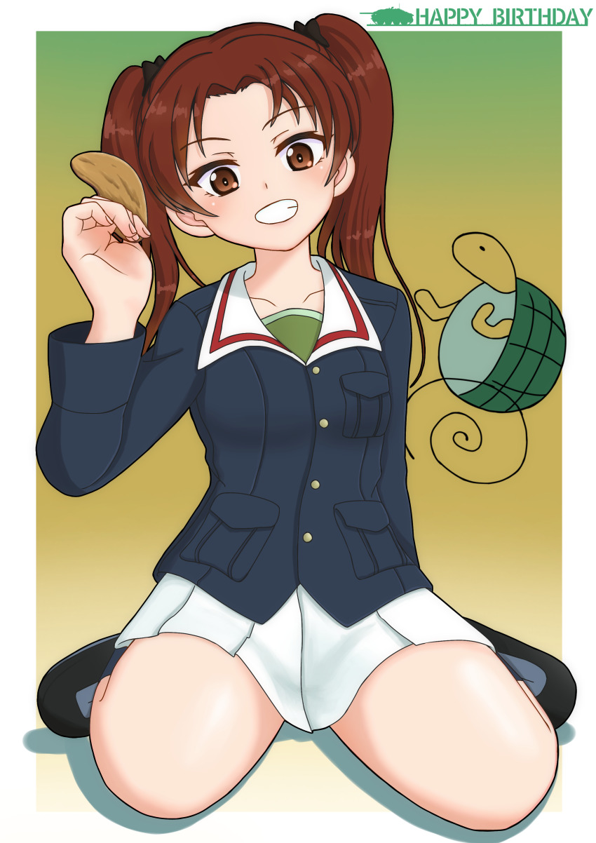 1girl absurdres amanone_yun birthday black_boots black_bow blue_jacket boots bow brown_eyes brown_hair chips_(food) emblem english_text food full_body girls_und_panzer green_undershirt grin hair_bow happy_birthday highres holding holding_food jacket kadotani_anzu long_hair long_sleeves looking_at_viewer military_uniform miniskirt ooarai_military_uniform parted_bangs pleated_skirt potato_chips sitting skirt smile solo turtle twintails wariza white_skirt