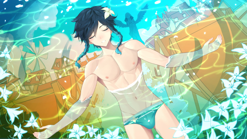 1boy androgynous anjingxiang aqua_hair aqua_male_swimwear black_hair blush braid closed_eyes flower genshin_impact gradient_hair hair_flower hair_ornament male_focus male_swimwear multicolored_hair muscular muscular_male navel nipples solo stomach topless_male twin_braids venti_(genshin_impact) white_flower