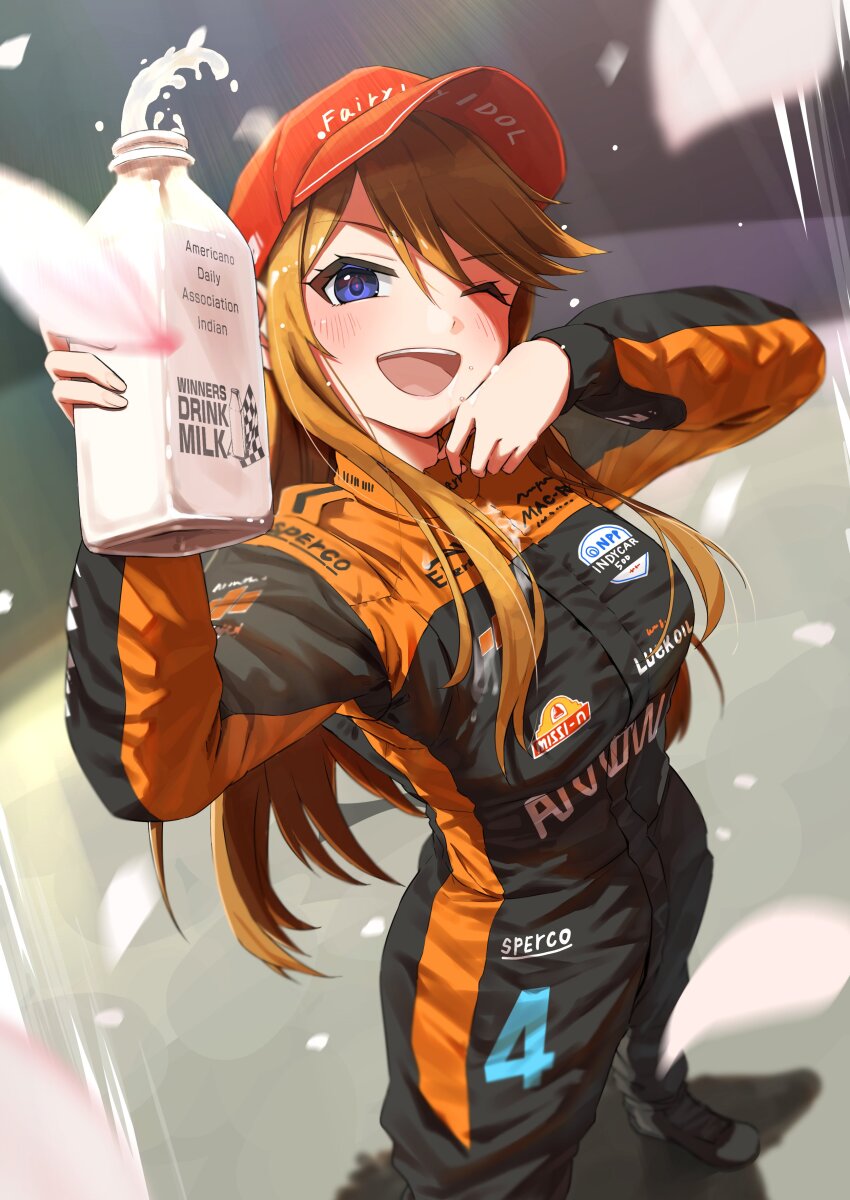 1girl ;d absurdres black_jumpsuit blue_eyes bottle brand_name_imitation breasts brown_hair chevrolet commission cosplay english_text highres holding holding_bottle idolmaster idolmaster_million_live! indycar_series jumpsuit kaiso_(kaisooekaki) large_breasts long_hair long_sleeves looking_up mclaren milk milk_bottle one_eye_closed open_mouth orange_jumpsuit pato_o&#039;ward pato_o&#039;ward_(cosplay) racing_suit real_life red_headwear shoes skeb_commission smile solo sparco teeth tokoro_megumi upper_teeth_only
