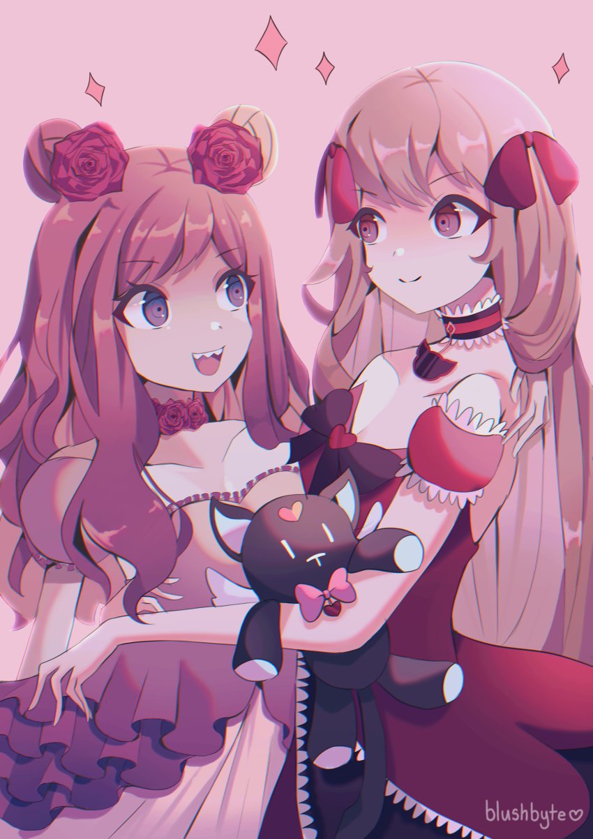 2girls absurdres arm_around_waist atarashi_coco breasts choker cleavage closed_mouth dress female_focus flower flower_on_head grey_hair hair_bun highres holding holding_stuffed_toy long_hair matsunae_tsugumi multiple_girls nyantan open_mouth pink_hair red_dress sharp_teeth shin_subarashiki_kono_sekai small_breasts smile sparkle stuffed_animal stuffed_cat stuffed_toy subarashiki_kono_sekai teeth yuri