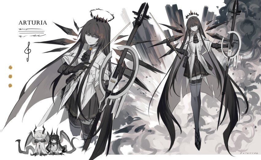 1boy 1girl arknights ascot black_ascot black_gloves black_hair black_halo black_skirt black_thighhighs bow_(music) cello character_name chibi chibi_inset executor_(arknights) frilled_ascot frills gloves grey_shirt halo highres holding holding_bow_(music) horns instrument long_hair multiple_views pleated_skirt potettoe shirt siblings sidelocks skirt thighhighs treble_clef very_long_hair virtuosa_(arknights) wings