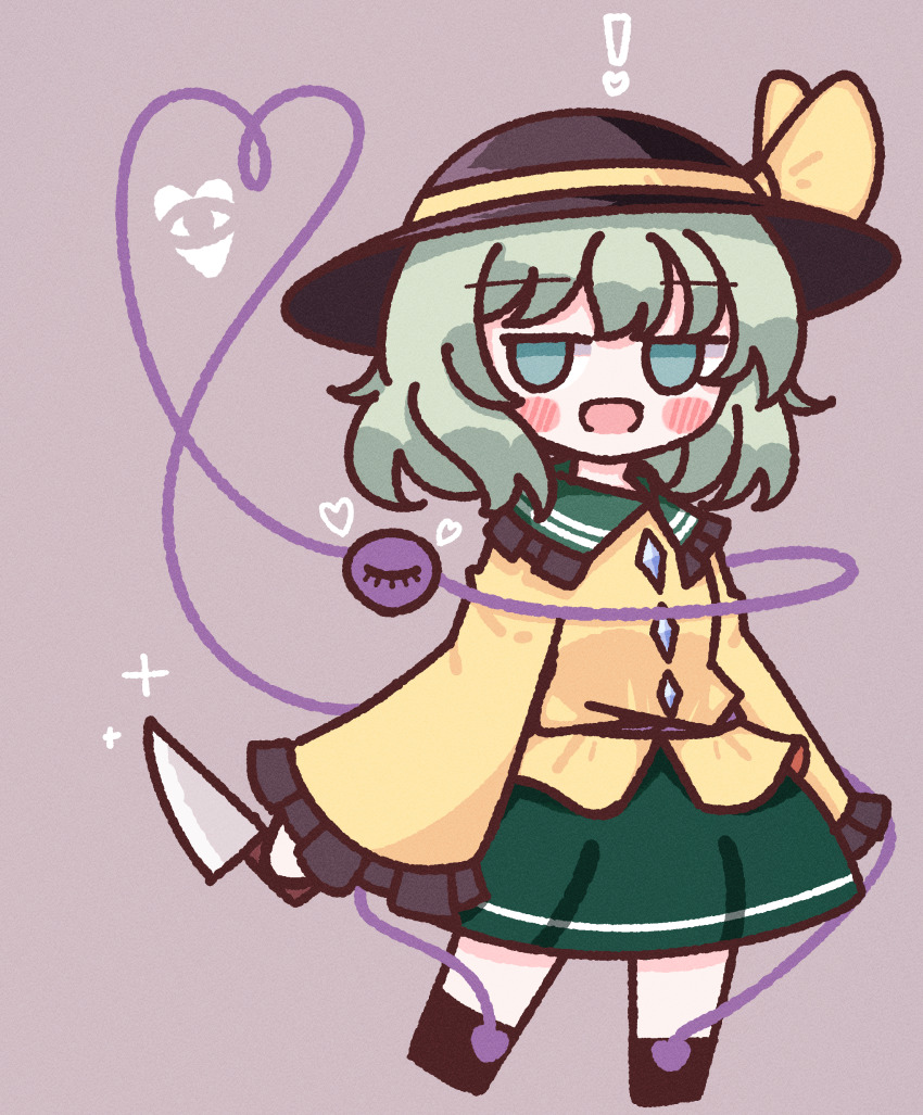 ! 1girl :d absurdres black_hat blush blush_stickers bow buttons diamond_button frilled_shirt_collar frilled_sleeves frills green_eyes green_hair green_skirt hat hat_bow heart heart_of_string highres holding holding_knife knife komeiji_koishi light_green_hair long_sleeves medium_hair open_mouth shirt simple_background skirt sleeves_past_wrists smile solo standing third_eye touhou waroemon yellow_bow yellow_shirt