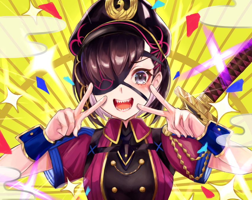1girl black_hair black_hat blush breasts confetti double_v dress emotional_engine_-_full_drive eyepatch fate/grand_order fate_(series) grey_eyes hair_over_one_eye hat highres katana klash looking_at_viewer medium_breasts mysterious_ranmaru_x_(fate) open_mouth peaked_cap purple_dress short_hair short_sleeves smile solo sword v weapon wrist_cuffs