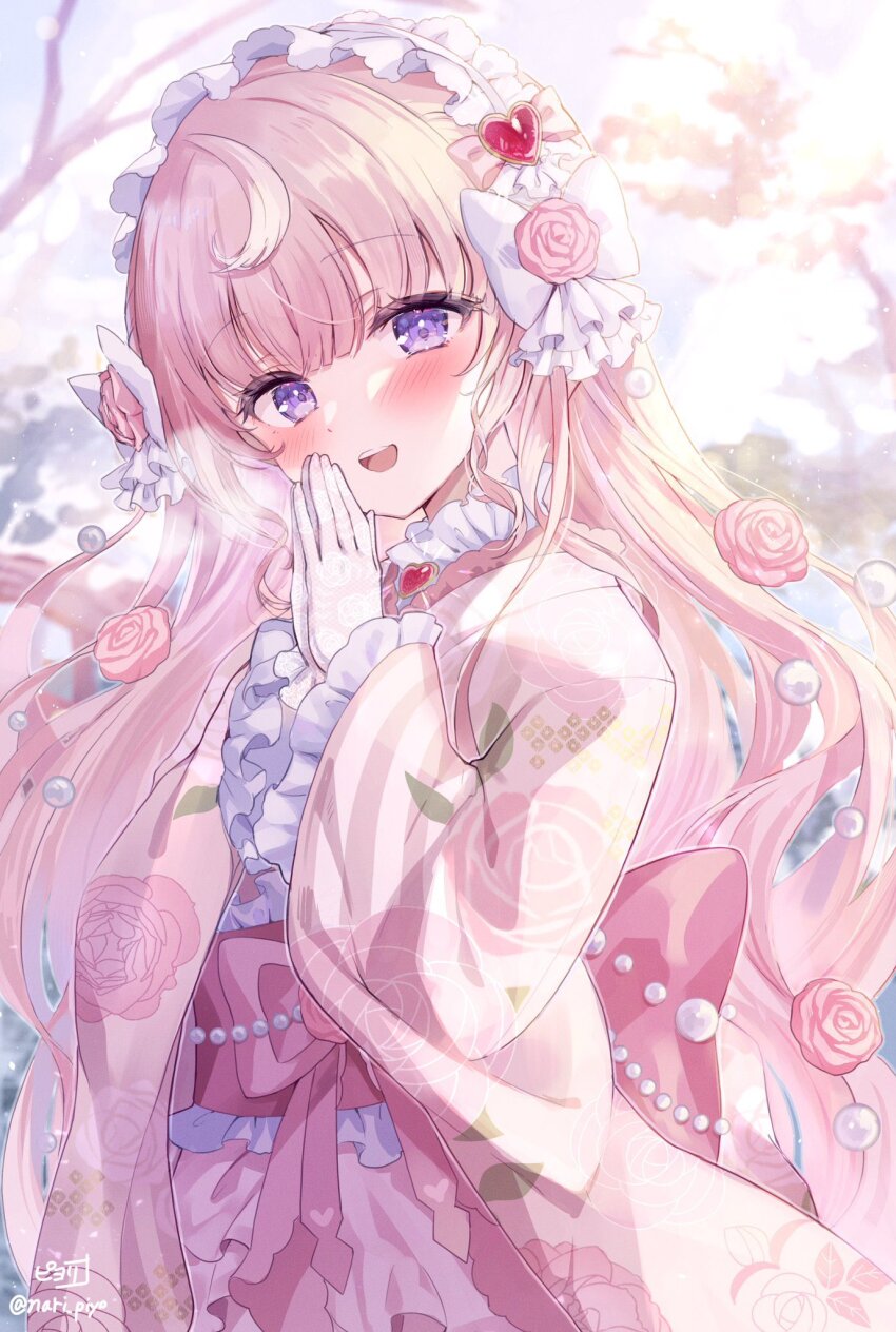 1girl alternate_costume blush floral_print floral_print_kimono flower frilled_hairband frilled_kimono frills gloves hairband highres himeno_aimu indie_virtual_youtuber japanese_clothes kimono light_rays long_hair looking_at_viewer obi outdoors own_hands_together pink_flower pink_hair pink_kimono pink_sash piyoyanagi print_kimono purple_eyes sash solo upper_body very_long_hair virtual_youtuber white_gloves white_hairband