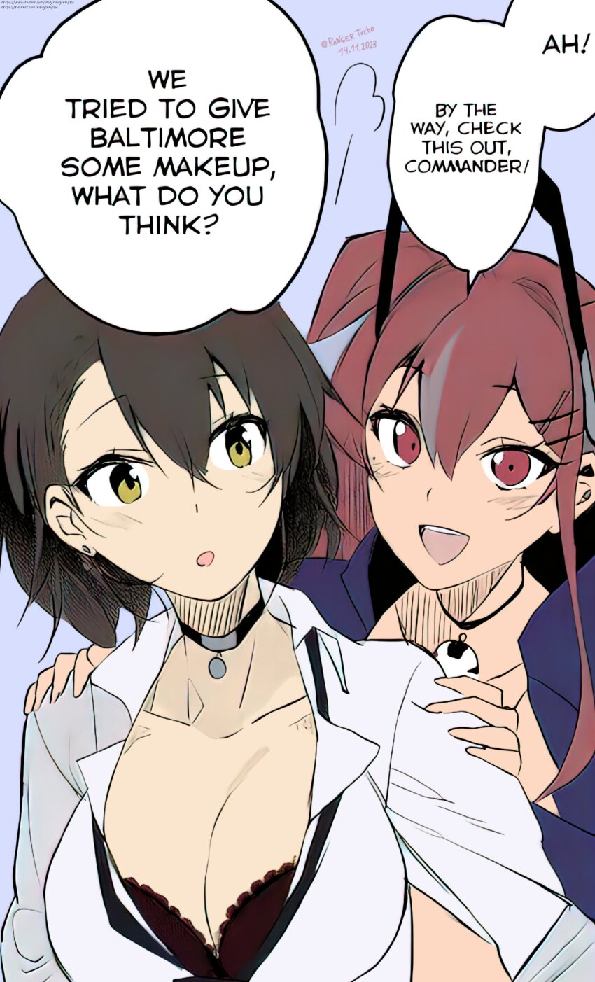 2girls absurdres azur_lane baltimore_(after-school_ace)_(azur_lane) baltimore_(azur_lane) bra bra_peek bremerton_(azur_lane) brown_hair choker english_text hair_between_eyes hands_on_another&#039;s_shoulders highres multiple_girls open_mouth pink_eyes pink_hair rangertycho2077 shirt siblings sisters twintails underwear white_shirt yellow_eyes