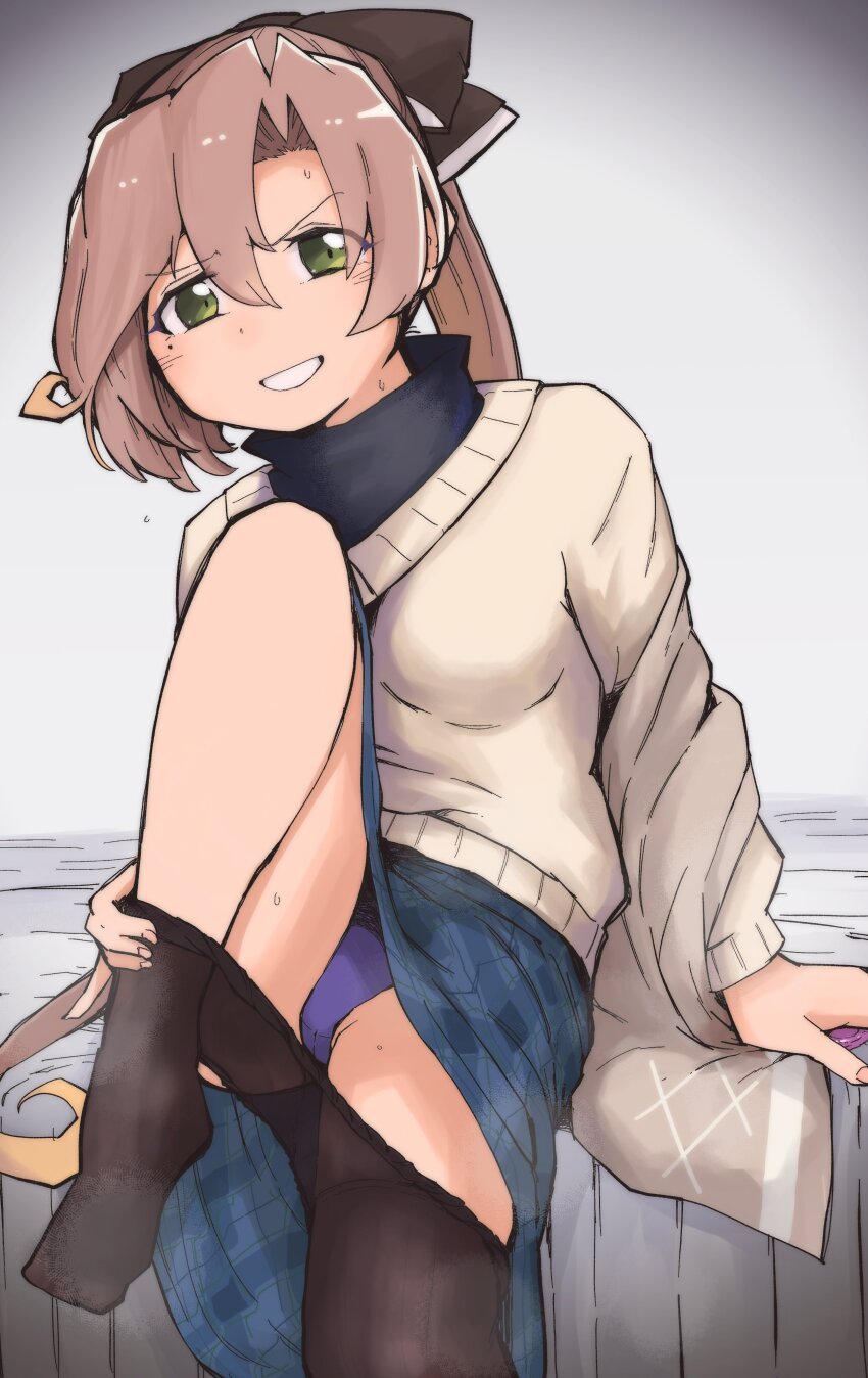 1girl absurdres akigumo_(kancolle) akigumo_kai_ni_(comiket)_(kancolle) akigumo_kai_ni_(kancolle) black_pantyhose black_sweater blue_skirt brown_hair brown_shawl clothes_pull cowboy_shot dova gradient_background green_eyes grey_background grin hair_ribbon highres kantai_collection layered_clothes long_hair long_skirt looking_at_viewer mole mole_under_eye official_alternate_costume panties pantyhose pantyhose_pull pantyshot plaid_clothes plaid_skirt ponytail purple_panties ribbon shawl skirt smile solo standing sweater transparent_background underwear undressing upskirt white_sweater