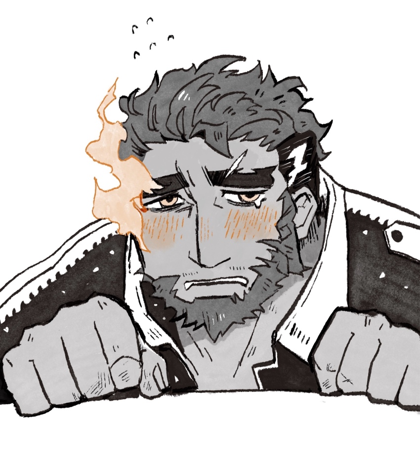 1boy blush eyebrow_cut flaming_eye flying_sweatdrops hephaestus_(housamo) highres male_focus mature_male mochiyoshi peeking_out sad short_hair solo spot_color tearing_up thick_eyebrows tokyo_houkago_summoners upper_body