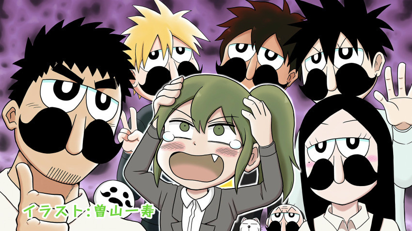 3girls 4boys bald black_hair blonde_hair blush brown_hair cat collared_shirt earrings end_card fang green_eyes green_hair grey_jacket hair_between_eyes hands_on_own_head highres igarashi_futaba jacket jewelry kazama_souta kurobe_natsumi long_hair mole mole_under_eye multiple_boys multiple_girls mustache non-web_source open_clothes open_jacket open_mouth ponytail sakurai_touko sakurai_yuuto_(senpai_ga_uzai) senpai_ga_uzai_kouhai_no_hanashi shirt short_hair soyama_kazutoshi stud_earrings takeda_harumi tan tearing_up thick_mustache thumbs_up v white_shirt