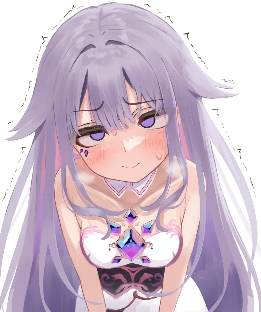1girl absurdres black_corset blush breasts chest_jewel closed_mouth colored_inner_hair corset detached_collar dress gem gradient_hair grey_hair highres hololive hololive_english jewel_under_eye koseki_bijou koseki_bijou_(1st_costume) long_hair looking_at_viewer lucien_000298 multicolored_hair pink_hair purple_eyes purple_gemstone purple_hair simple_background small_breasts solo sweatdrop trembling very_long_hair virtual_youtuber white_background white_dress