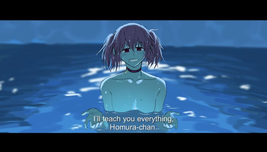 1girl avanes_d blurry blurry_background blush breasts chainsaw_man choker cleavage collarbone english_text highres i&#039;ll_teach_you_everything_(chainsaw_man) kaname_madoka looking_at_viewer mahou_shoujo_madoka_magica night nude partially_submerged pink_choker pink_hair purple_eyes scene_reference short_hair small_breasts smile solo subtitled teeth twintails upper_body water