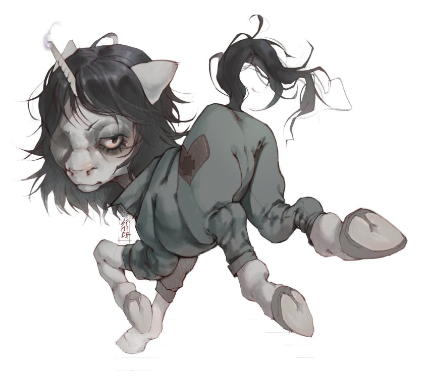 1girl animalization anya_(mouthwashing) bags_under_eyes black_hair collared_shirt from_behind highres hospital_gown kicking looking_back messy_hair mouthwashing my_little_pony my_little_pony:_friendship_is_magic one_eye_closed outstretched_legs pony_(animal) raised_hips shirt short_hair smoke solo stray_hair tomtit_bird unicorn white_background yellow_eyes