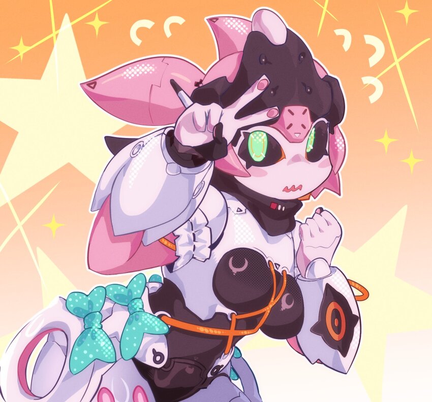 1girl black_sclera blush_stickers bow breasts colored_sclera green_bow green_eyes highres humanoid_robot joints looking_at_viewer maxxneton medium_breasts pink_hair quad_tails robot robot_girl robot_joints solo v wavy_mouth yutane_johiel zenless_zone_zero