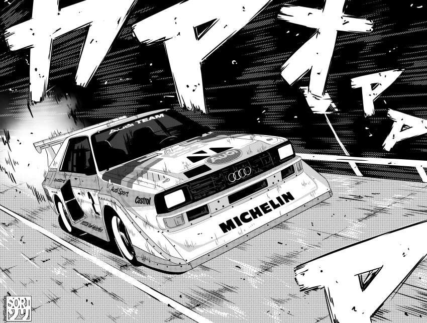 absurdres audi audi_quattro car greyscale highres initial_d monochrome motor_vehicle no_humans parody race_vehicle racecar rally_car sorithespooky sound_effects spoiler_(automobile) style_parody vehicle_focus world_rally_championship