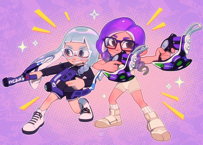 2girls absurdres agent_8_(splatoon) black-framed_eyewear black_jacket black_shorts bodysuit boots closed_mouth commentary commission cross-laced_footwear dapple_dualies_(splatoon) dual_wielding glasses grey_hair gun highres holding holding_gun holding_weapon inkling inkling_girl inkling_player_character inkumochi jacket long_hair multiple_girls nintendo octoling octoling_girl octoling_player_character purple_background purple_hair shoes shorts smile socks sparkle splatoon_(series) splatoon_3 splatoon_3:_side_order teeth tentacle_hair tetra_dualies_(splatoon) weapon white-framed_eyewear white_bodysuit white_footwear white_socks