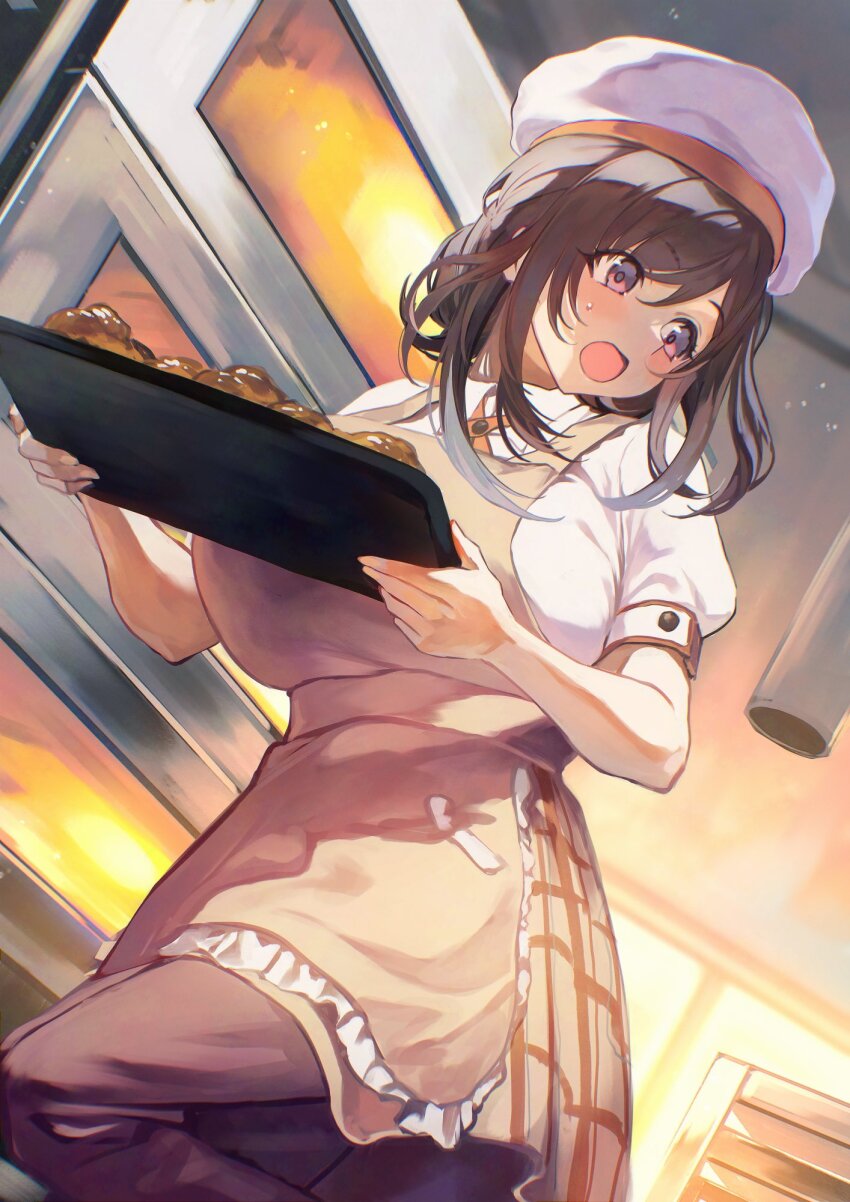 1girl alternate_hairstyle apron brown_apron brown_eyes brown_hair brown_pants chef_hat eyelashes food frilled_apron frills hair_bun hat highres idolmaster idolmaster_shiny_colors kitchen open_mouth otsudou oven pants plaid_clothes plaid_skirt puffy_short_sleeves puffy_sleeves shirt short_sleeves skirt sleeve_cuffs solo sweatdrop swept_bangs tray tsukioka_kogane white_shirt