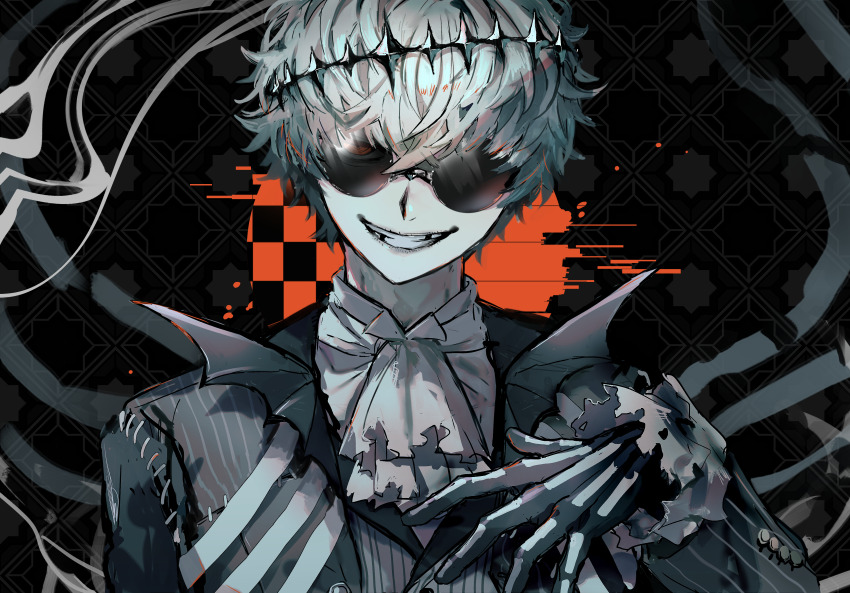 1boy absurdres argyle_background ascot black_coat black_gloves coat commentary_request fuji_den_fujiko gloves grey_ascot grey_hair hand_on_own_chest highres looking_at_viewer male_focus missing_tooth orange_eyes ringed_eyes round_eyewear short_hair skully_j._graves solo sunglasses twisted_wonderland