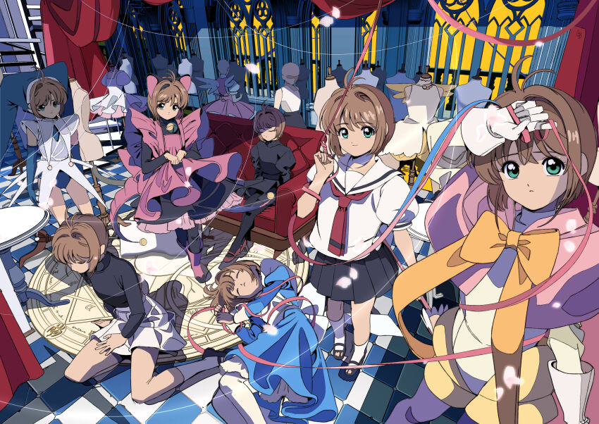 1girl absurdres ahoge alternate_costume animal_ears bell black_dress black_footwear blue_dress boots bow bowtie brown_hair cardcaptor_sakura cat_ears checkered_floor clamp_(circle)_(style) closed_eyes clothes commentary couch curtains dodecagram dress dummy edoya_inuhachi elbow_gloves fake_animal_ears fake_wings full_body gloves green_eyes hair_intakes hat highres indoors jester_cap kinomoto_sakura kinomoto_sakura_(astral_sakura) kinomoto_sakura_(dream_sakura) kinomoto_sakura_(kitty) kinomoto_sakura_(magician) kinomoto_sakura_(miraculous_sakura) kinomoto_sakura_(princess_dreams) kinomoto_sakura_(water_fairy) looking_at_viewer magic_circle mannequin mary_janes medium_hair multiple_persona neck_bell neck_ribbon official_alternate_costume on_couch on_floor pantyhose ribbon rug school_uniform shoes sitting skirt socks table tomoeda_elementary_school_uniform tomoeda_middle_school_uniform window wings