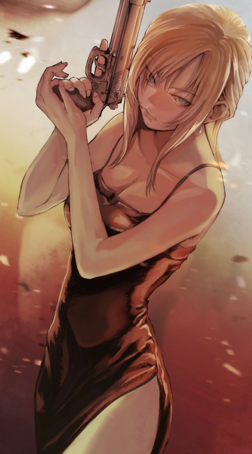 1girl aya_brea bare_shoulders beretta beretta_92 beretta_92f black_dress blonde_hair breasts cleavage closed_mouth collarbone commentary dress gauss_&lt;bokashi gun handgun highres holding holding_gun holding_weapon lips looking_at_viewer parasite_eve_(series) parasite_eve_i side_slit solo spaghetti_strap weapon