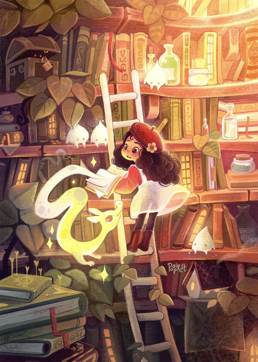 1girl artist_name beret birdhouse black_hair black_pants blush bone book book_stack bookshelf boots commentary corked_bottle daisy dragon dress eastern_dragon english_commentary fantasy flower hat hat_flower highres holding holding_book ivy jar library lock long_hair looking_at_animal magic on_ladder open_book original padlock pants poopikat red_boots red_hat red_shirt see-through_clothes see-through_dress shirt slime_(creature) smoke solo sparkle teeth treasure_chest upper_teeth_only white_dress